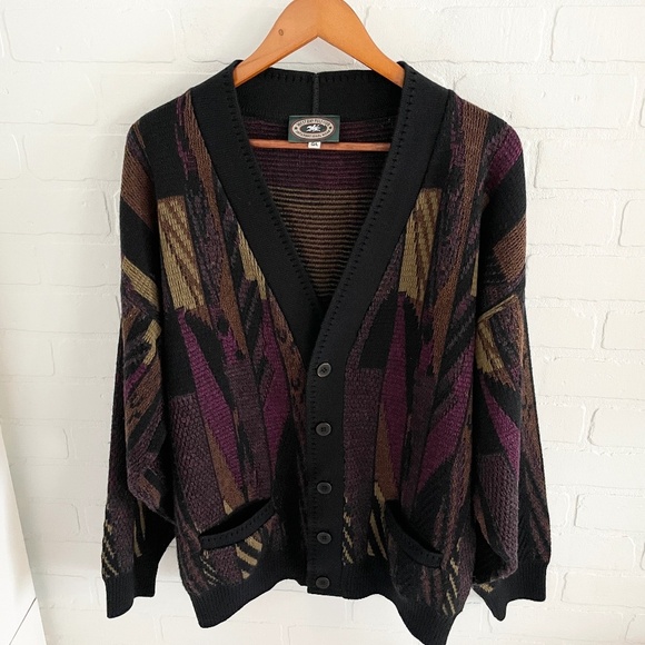 Vintage Knit Sweater Cardigan 3D knit Grandpa Dad energy Kurt Cobain Black Tan L - Picture 1 of 13